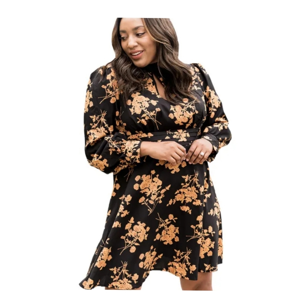 NEW BLACK Floral Dress Shift Mini Skirt Long Sleeves Key Hole Neck Plus 3x
